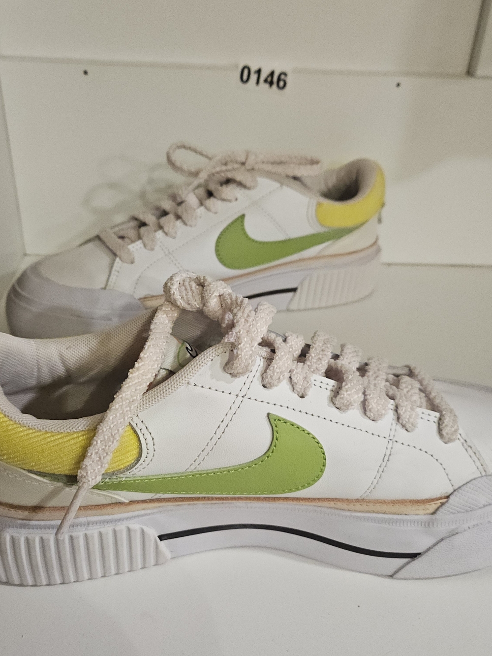 Nike White Sneakers with Lime Green Swoosh and Yellow Heel